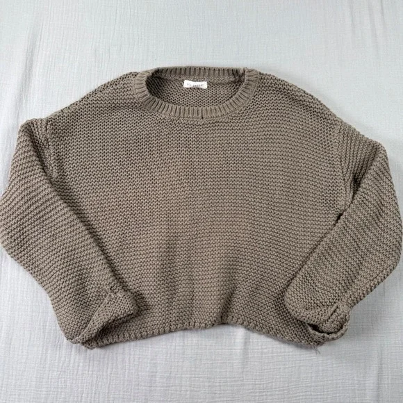 Blu Pepper Womens Medium Brown Chunky Knit Cropped Crewneck Sweater Boxy Fit - Picture 2 of 7